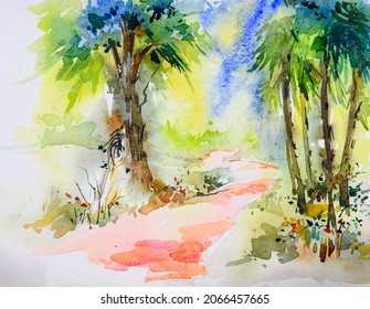 Bright Indian village watercolor painting , hand painted illustration. Village road and palm trees. Rural landscape,