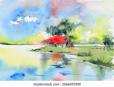 Bright Indian village watercolor painting , hand painted illustration. Village home, palm trees and reflection in a pond. Rural landscape.