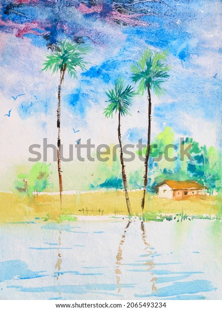 Bright Indian Village Watercolor Painting Hand Stock Illustration ...