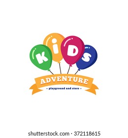  bright kids playground logo with balloons and yellow ribbon