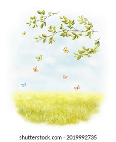 Bright landscape scenery with green grass summer meadow, many flying butterflies, tree branches and sky with clouds. Watercolor hand drawn illustration sketch