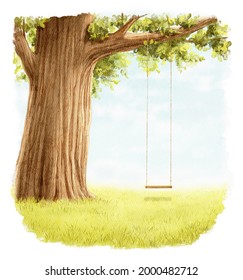 Bright Landscape Scenery With Tree And Rope Swing On A Summer Meadow. Watercolor Hand Drawn Illustration Sketch