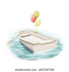 Bright Landscape Scenery With White Wooden Boat With Oars On Summer Blue Water And Helium Balloons Isolated On White Background. Watercolor Hand Drawn Illustration Sketch