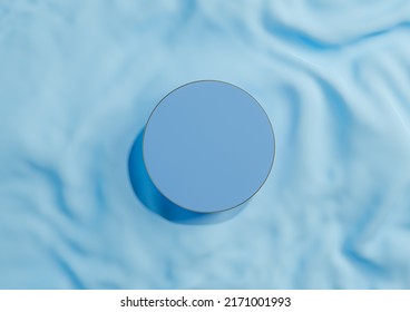 Bright, light sky blue 3D rendering minimal product display top view flat lay circle podium or stand with gold line on wavy textile for luxury cosmetic product photography from above 库存插图