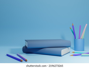 Bright, Light Sky Blue 3D Illustration Back To School Product Display Podium Or Stand, Horizontal Image From Side With Pencils And Books On Table For Product Photography Background Or Wallpaper