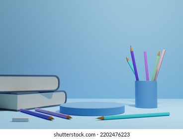 Bright, Light Sky Blue 3D Illustration Back To School Product Display Podium Or Stand, Horizontal Image From The Side With Pencils And Books On Table For Product Photography Background Or Wallpaper