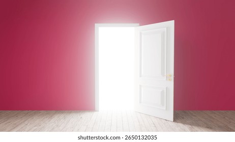 Bright light streaming through an open classic white double door illuminates an empty pink room with a wooden floor, creating a sense of hope and opportunity for discovery and change