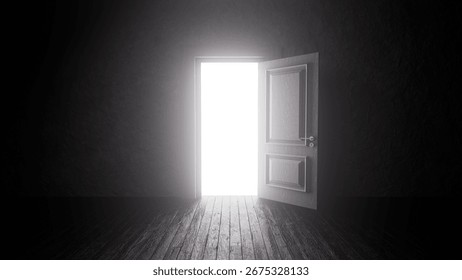 Bright light streaming through an open door illuminates a dark, empty room with a wooden floor, evoking a sense of mystery and hope for new beginnings and possibilities