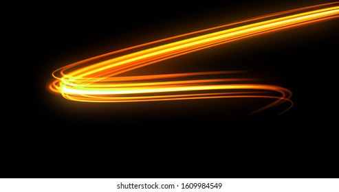 Bright Light Trail, Orange Neon Glowing Wave Trace, Energy Flash And Fire Effect. Magic Glow Swirl Trace Path, On Black Background, Optical Fiber Technology And Light In Speed Motion