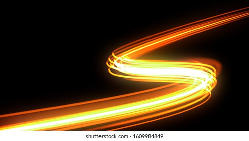 Bright Light Trail, Orange Neon Glowing Wave Trace, Energy Flash And Fire Effect. Magic Glow Swirl Trace Path, Optical Fiber Technology And Light In Speed Motion On Black Background