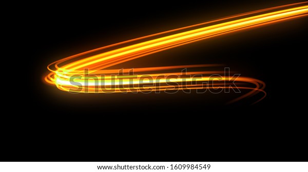 Bright light\
trail, orange neon glowing wave trace, energy flash and fire\
effect. Magic glow swirl trace path, on black background, optical\
fiber technology and light in speed\
motion
