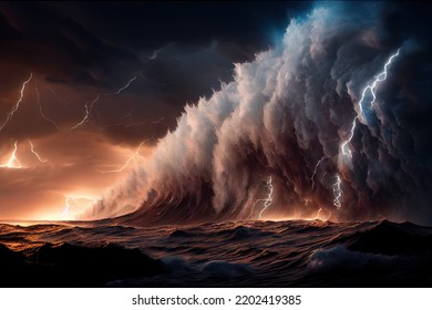 Luces brillantes en un mar furioso. Una fuerte tormenta en el océano. Grandes olas. Tormenta eléctrica nocturna. Tonos oscuros. El poder de la naturaleza furiosa. Ilustración más rápida.