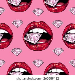 Bright lips holding a sparkling brilliant. Seamless pattern. Realistic graphic drawing. Background. Pink color