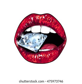 Bright lips holding a sparkling brilliant. Realistic graphic illustration. Beautiful lips are isolated on a white background