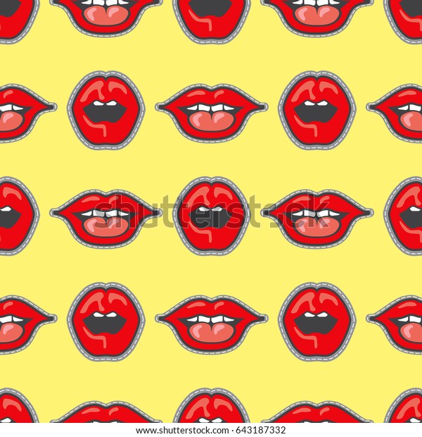 Bright lips patch seamless pattern. Cartoon\
lips girl\
illustration