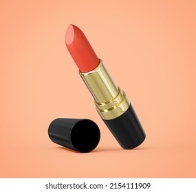 Bright Lipstick On Colorful Background. Professional Makeup Product 3d Illustration