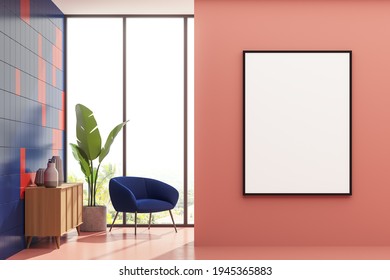 Bright Living Room Interior With A Blue Cosy Armchair, Coffee Table And Sideboard. Pink Wall Is Decorated With A Poster. Panoramic Window Has A Brilliant Countryside View. Mock Up. 3d Rendering