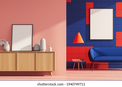Bright living room interior with a comfortable couch, small coffee table and cosy wooden sideboard. Red and blue tiled wall is decorated with a white poster. Mock up. 3d rendering