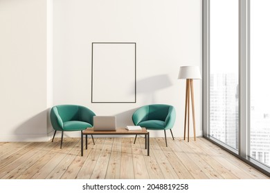 Bright Living Room Interior With White Empty Poster On Wall, Panoramic Window, Two Armchairs, Laptop And Oak Wooden Floor. Concept Of Minimalist Design For Chill And Relaxation. Mock Up. 3d Rendering