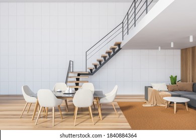 Bright Living Room With Kitchen Table And White Chairs, Two Floors With Stairs. 3D Rendering Of Big Hall With Sofa, Stylish Minimalist Illustration Of A Minimalist Room, No People