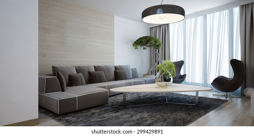 Bright lounge modern style. Spacious design room with a smooth wooden table, corner sofa and chairs. The combination of white and light brown wooden walls. 3D render.