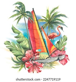A bright marine  orange sailboat  catamaran and tropical leaves   coconut palms  red hibiscus flowers   pink flamingos  Watercolor illustration  composition from the CUBA collection 