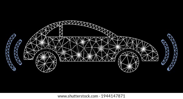 Bright\
mesh autonomous car with glare effect. Abstract illuminated model\
of autonomous car icon. Shiny wire frame triangular mesh autonomous\
car. Raster abstraction on a black\
background.