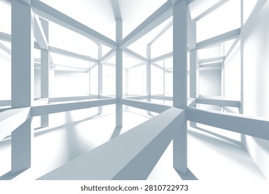 Bright minimal 3d interior showing an open grid of intersecting beams and columns, strong light and shadow contrasts for architectural visualization, backgrounds, and studio renders.