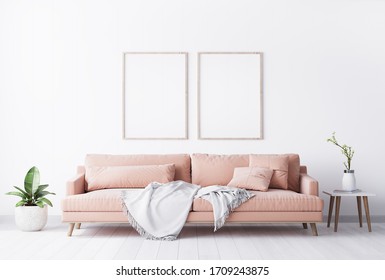 Bright Minimal Interior Of Living Room, Peach Color Furniture On White Flooring And Wall ,3D Rendering, 3D Illustration