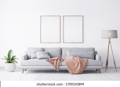 Bright Minimal Interior Of Living Room, Peach Color Furniture On White Flooring And Wall ,3D Rendering, 3D Illustration