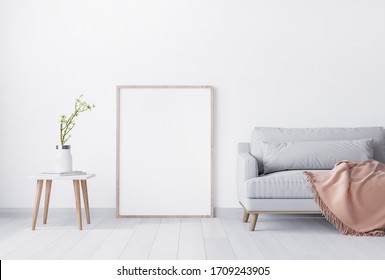 Bright Minimal Interior Of Living Room, Peach Color Furniture On White Flooring And Wall ,3D Rendering, 3D Illustration