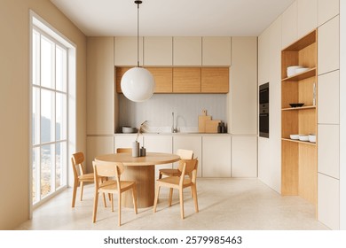 Bright minimalist kitchen with wooden cabinets and table, beige walls, and a large window. 3D Rendering of modern interior design concept