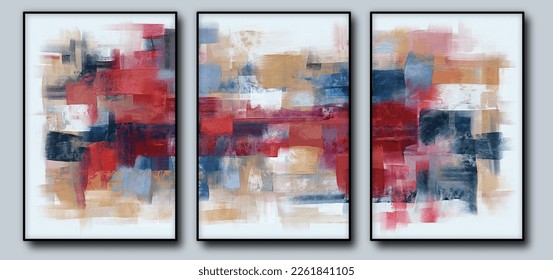 Bright modern artwork, abstract paint strokes, triptych on wall, oil painting on white canvas. Hand painted pattern	