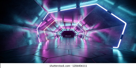 Bright Modern Futuristic Alien Reflective Concrete Corridor Tunnel Empty Room With Purple And Blue Neon Glowing Lights Hexagon Floor Background 3D Rendering Illustration