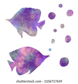 Bright Modern Galaxy Fishes Silhouettes. Sealife Space Clip Art Set On White Background