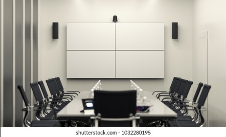 Bright Modern Meeting Room With 2x2 LCD Video Wall. 3D Illustration.