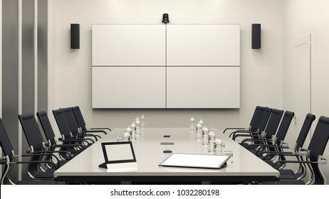 Bright Modern Meeting Room With 2x2 LCD Video Wall. 3D Illustration.