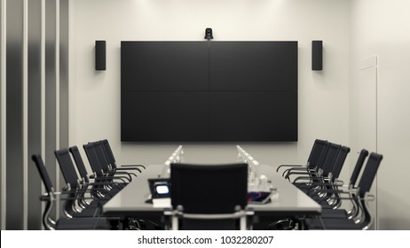 Bright Modern Meeting Room With 2x2 LCD Video Wall. 3D Illustration.