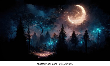 Bright Moon Over Magical Dark Fairy Tale Forest At Night As Illustration