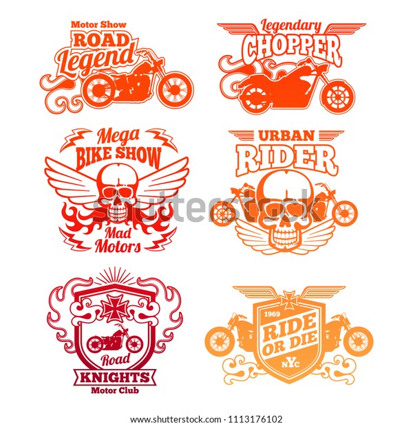 Bright motorcycle labels. Motorbike\
retro badges and logos isolated on white.\
illustration