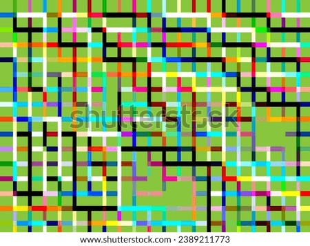 Bright multicolor gridlike geometric abstract with yellow-green background, for urban or architectural motifs of multiplicity, networking, design