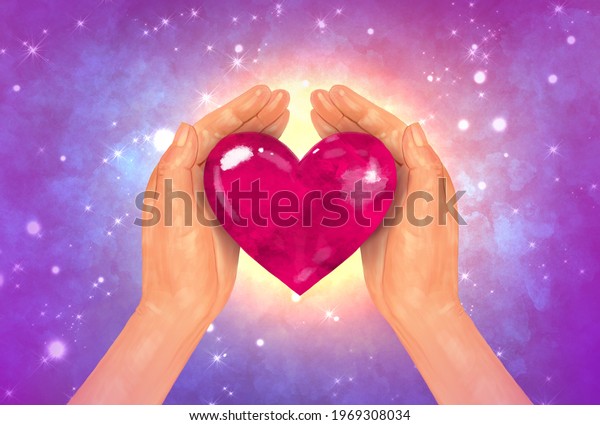 Bright\
multicolor illustration. Hands hug hold a red heart on a background\
of starry space. Love, hope, help and\
charity.