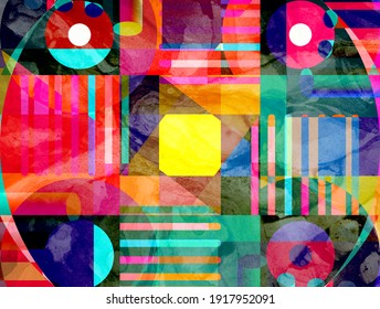 Bright multi-colored retro watercolor backgrounds with geometric shapes and objects. Design for a website or poster.