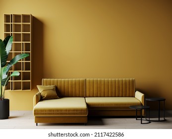 Bright mustard yellow living room. Ocher color in the interior design of the room. Sofa and empty painted wall for art. 3d rendering