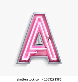 Bright Neon Font With Fluorescent Pink Tubes. Letter A. Night Show Alphabet. 3d Rendering Isolated On White Background.