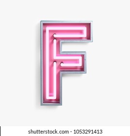 Bright Neon Font With Fluorescent Pink Tubes. Letter F. Night Show Alphabet. 3d Rendering Isolated On White Background.