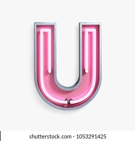 Bright Neon Font with fluorescent pink tubes. Letter U. Night Show Alphabet. 3d Rendering Isolated on White Background.