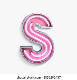 Bright Neon Font with fluorescent pink tubes. Letter S. Night Show Alphabet. 3d Rendering Isolated on White Background.