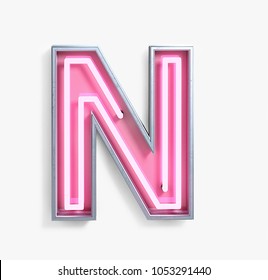 Bright Neon Font with fluorescent pink tubes. Letter N. Night Show Alphabet. 3d Rendering Isolated on White Background.