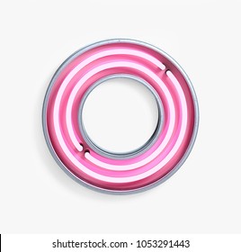 Bright Neon Font with fluorescent pink tubes. Letter O. Night Show Alphabet. 3d Rendering Isolated on White Background.